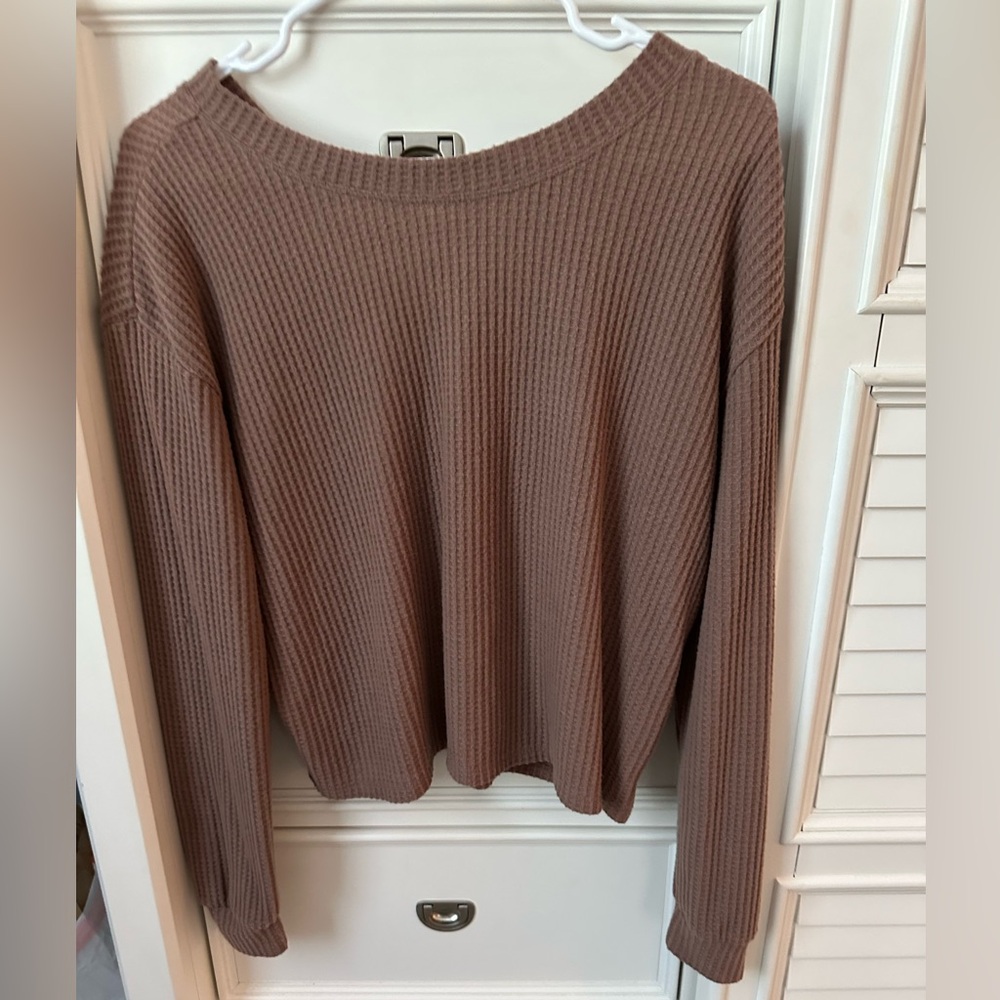 Aeropostale Women's waffle knit Crew Neck short - Taupe-XS